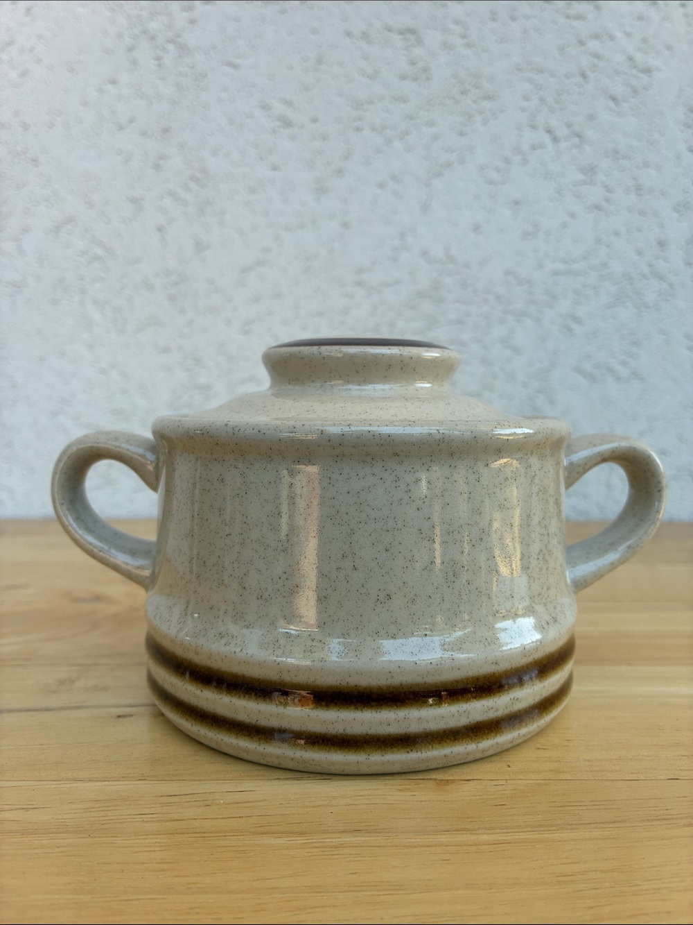 Vintage Stoneware Sugar Bowl speckled cream with Brown 2 handled, made in Japan